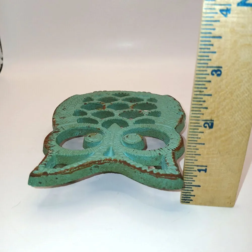 Cast Iron Owl Trivet Turquoise Aqua Blue Rustic Farmhouse 5 1/4